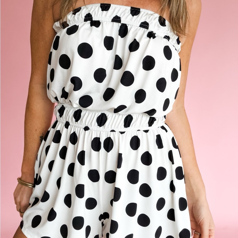 Timing White Strapless Polka Dot Romper with Black Dots